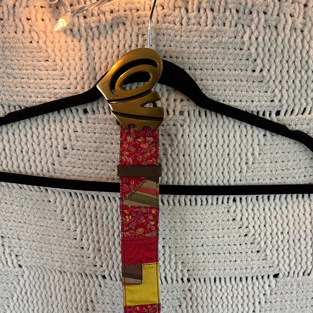 Lucky Brand Red Patchwork Fabric Belt with Gold Sculptural Buckle